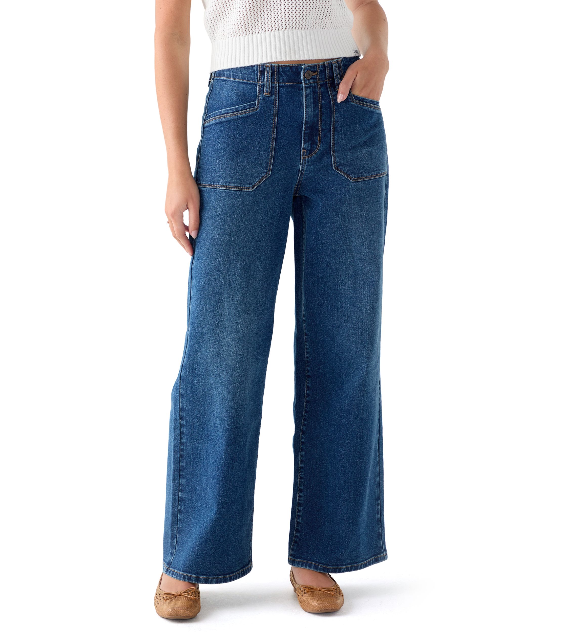 Womens High Rise Pocket Wide Leg Jeans