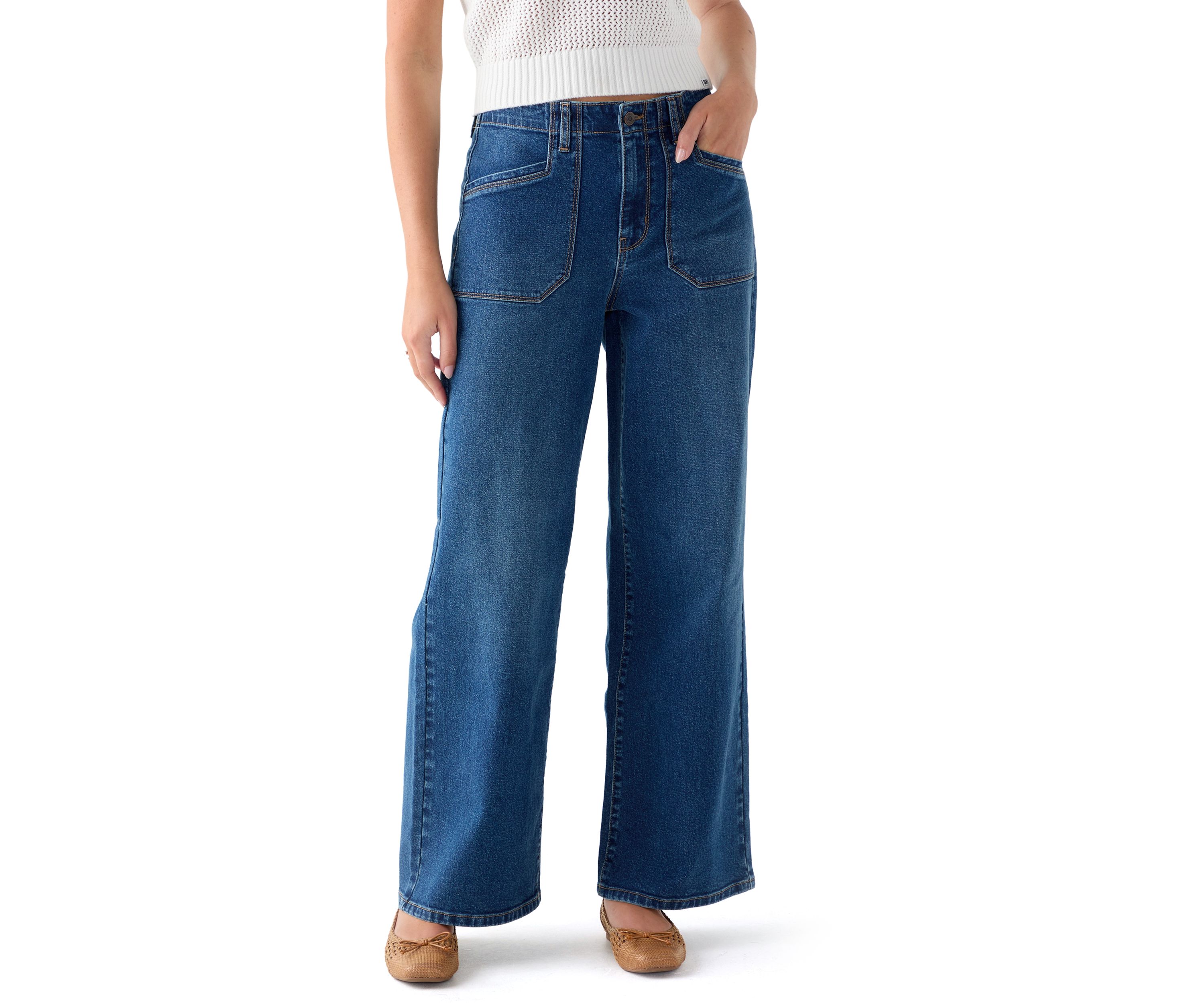 Womens High Rise Pocket Wide Leg Jeans