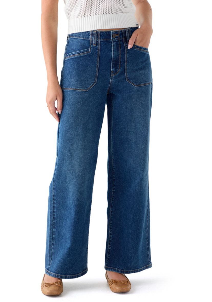 Womens High Rise Pocket Wide Leg Jeans