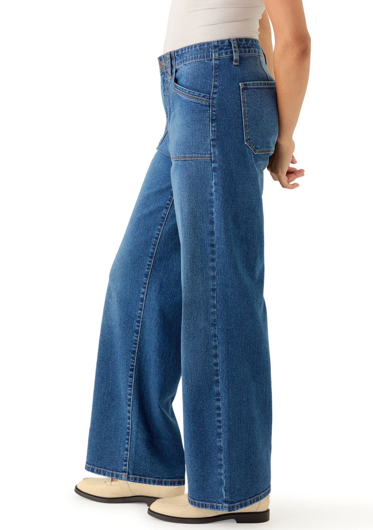 Womens High Rise Pocket Wide Leg Jeans