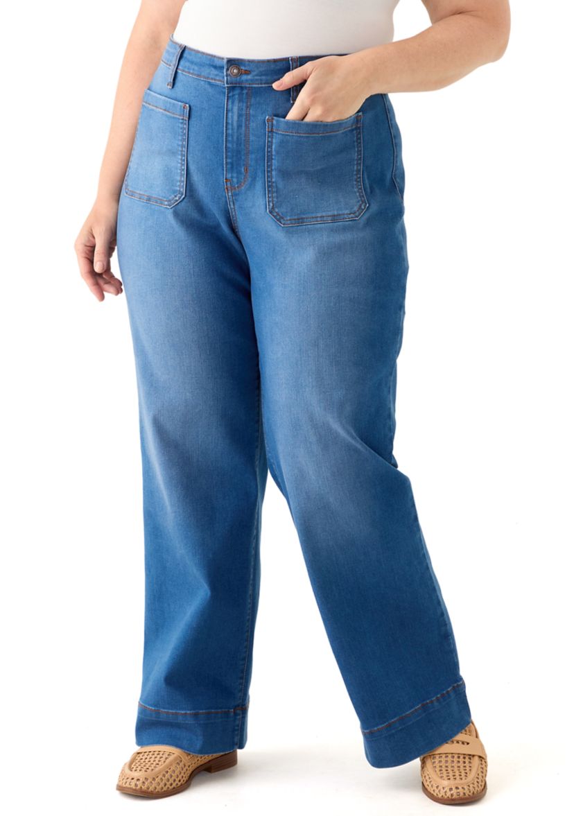 Plus Size Patch Pocket Wide Leg Jeans