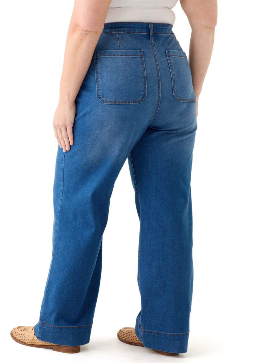 Plus Size Patch Pocket Wide Leg Jeans
