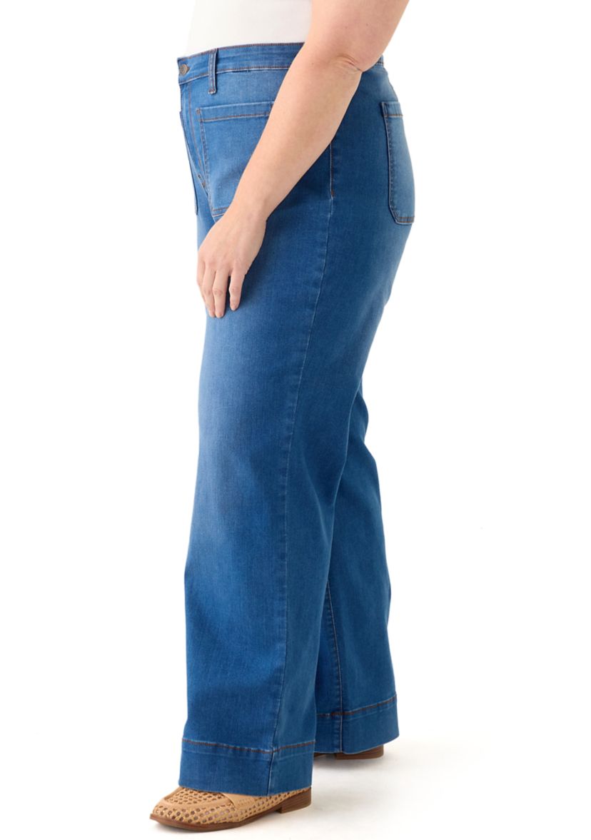Plus Size Patch Pocket Wide Leg Jeans