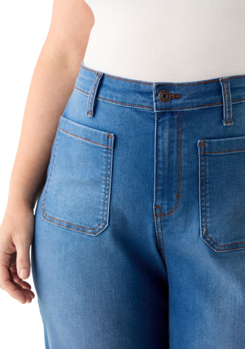Plus Size Patch Pocket Wide Leg Jeans