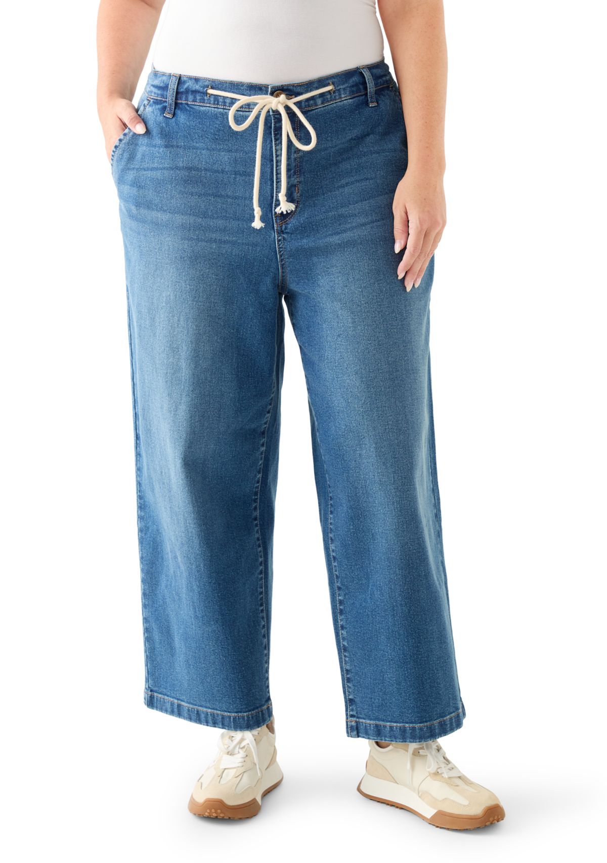 Plus Size Wide Leg Crop Denim Pants with Rope Belt