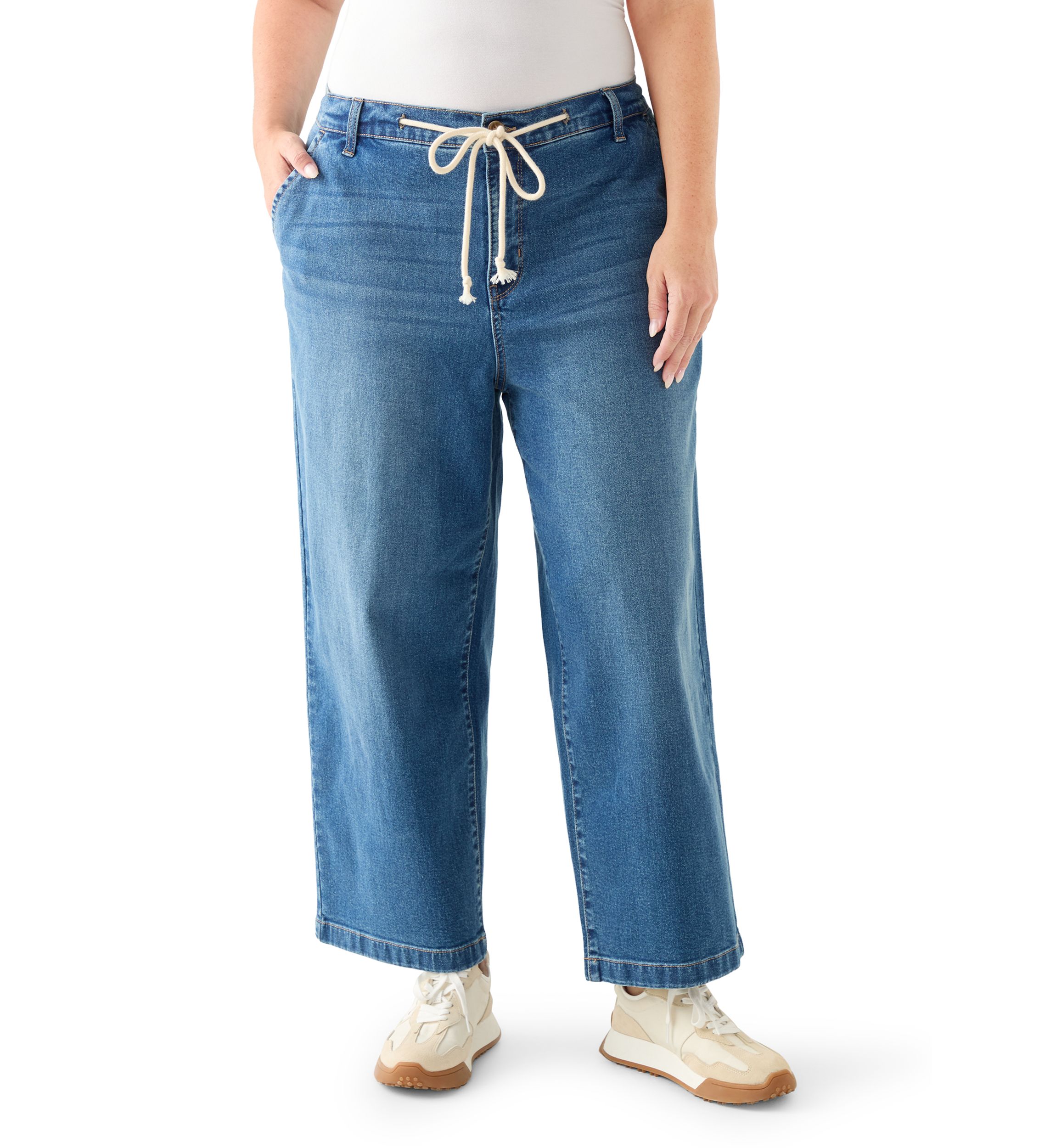 Plus Size Wide Leg Crop Denim Pants with Rope Belt