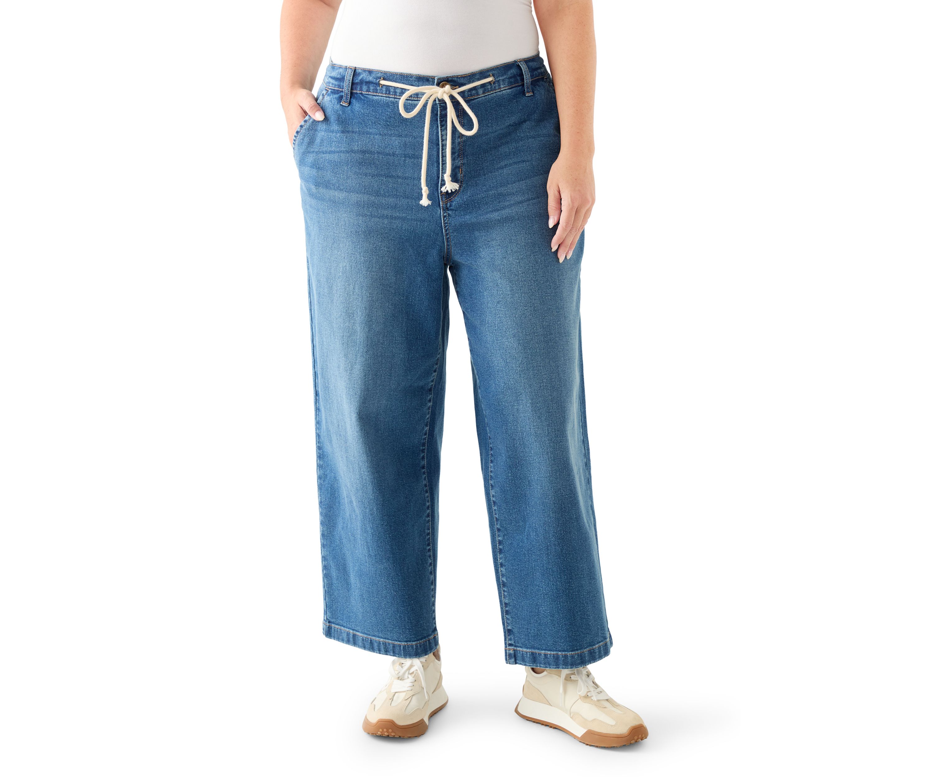 Plus Size Wide Leg Crop Denim Pants with Rope Belt