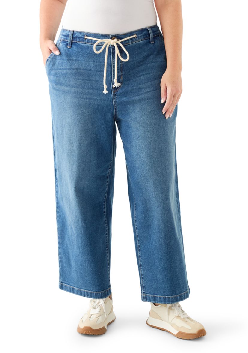 Plus Size Wide Leg Crop Denim Pants with Rope Belt