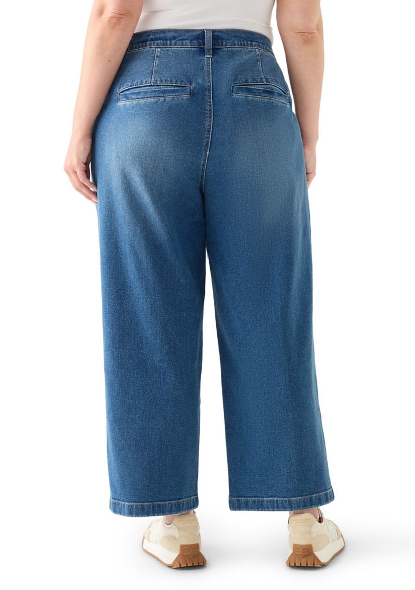 Plus Size Wide Leg Crop Denim Pants with Rope Belt