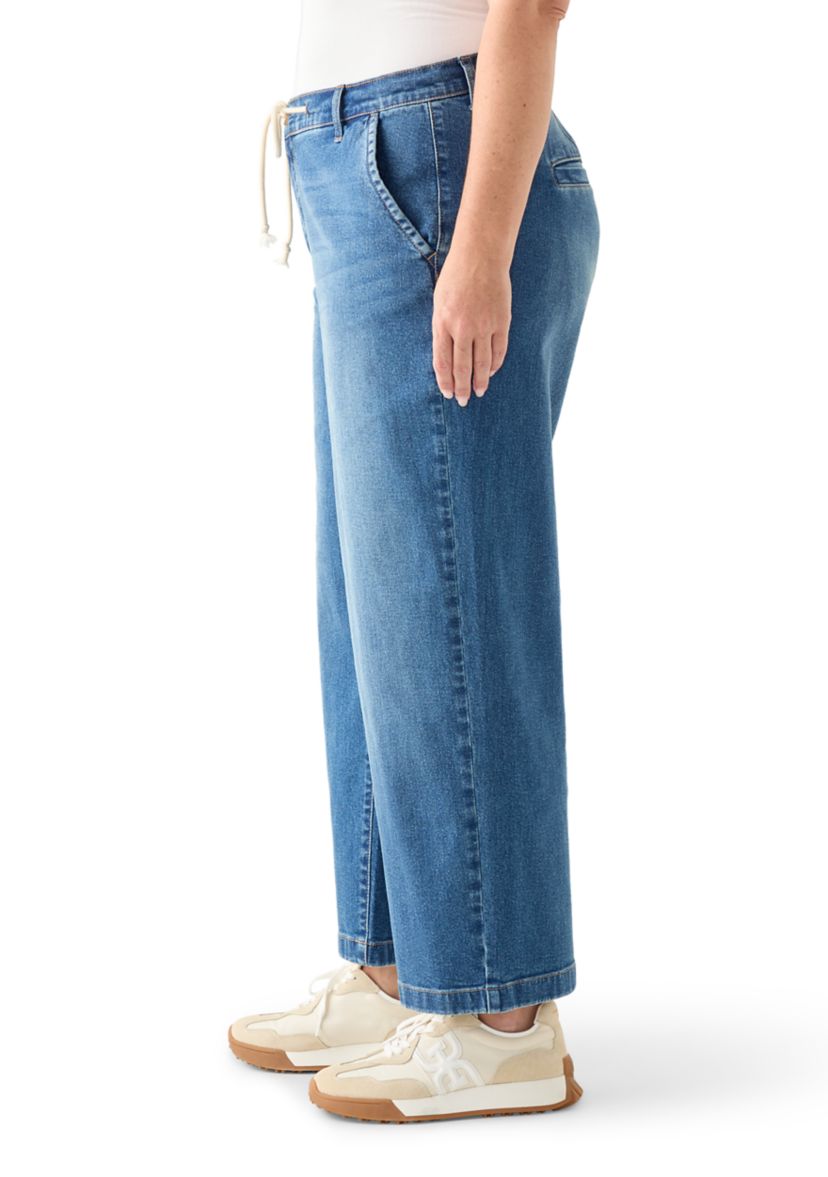 Plus Size Wide Leg Crop Denim Pants with Rope Belt