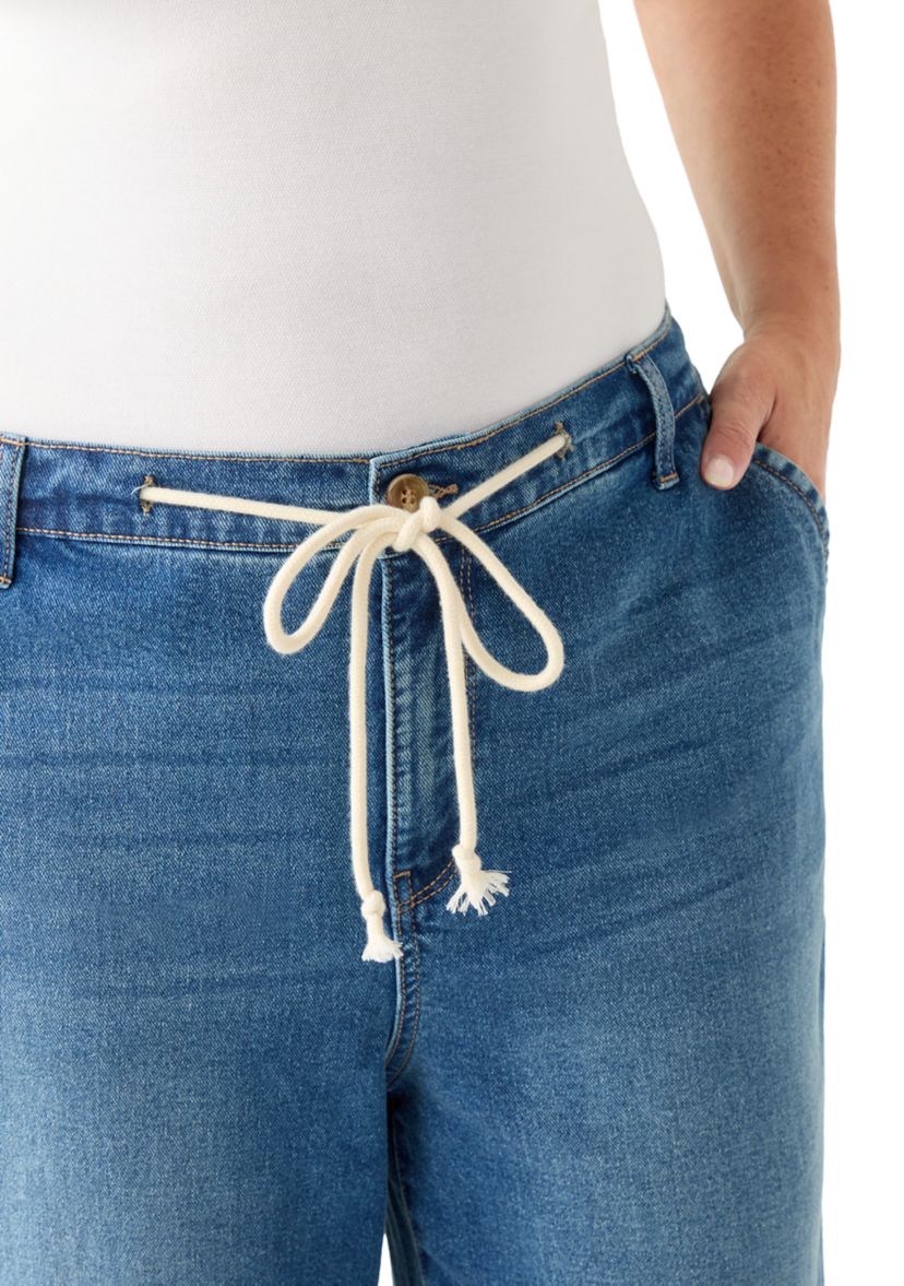 Plus Size Wide Leg Crop Denim Pants with Rope Belt