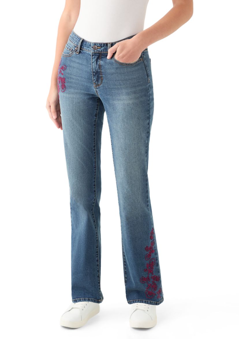 Womens Mid Rise Embroidered Bootcut Jeans