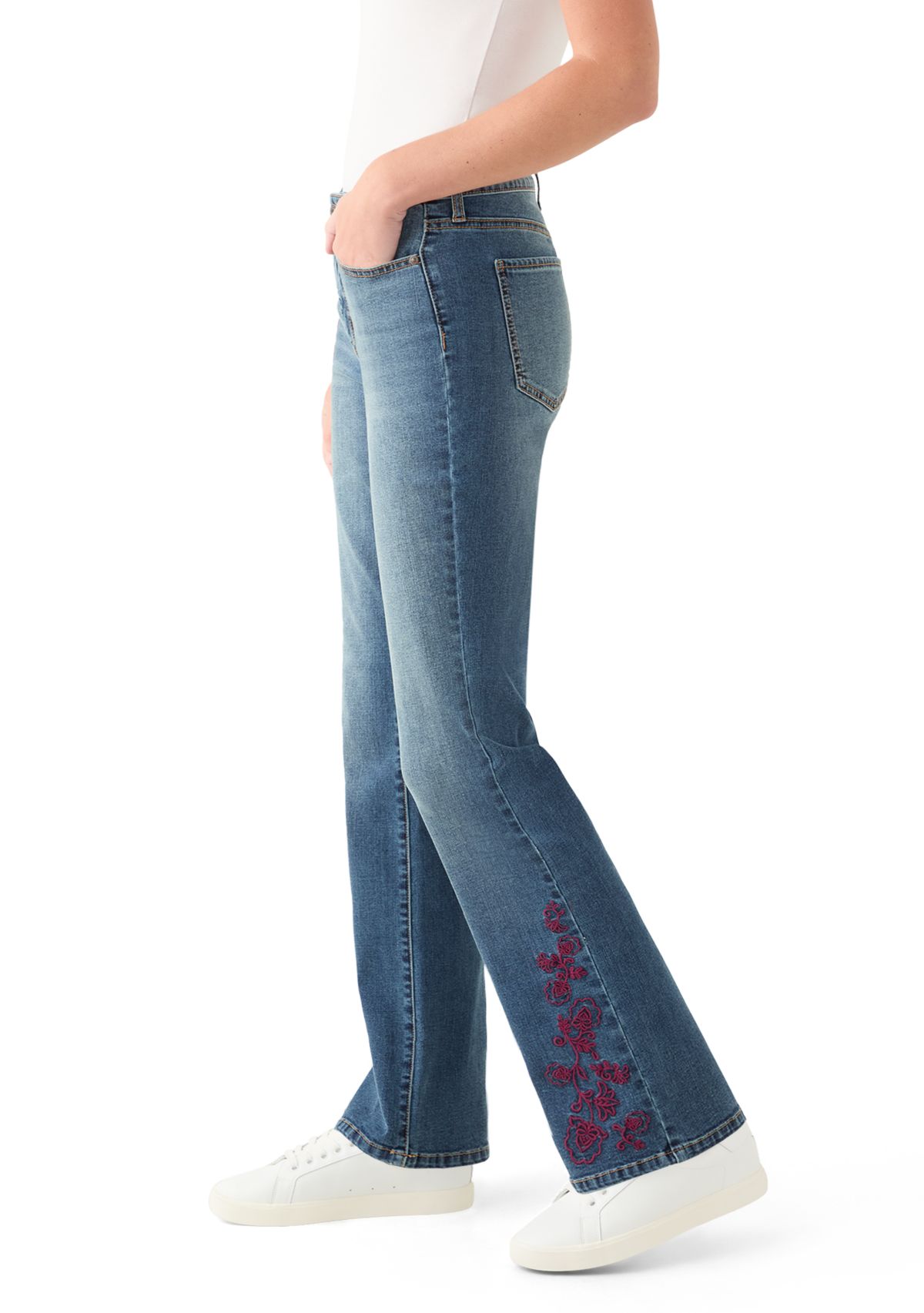 Womens Mid Rise Embroidered Bootcut Jeans