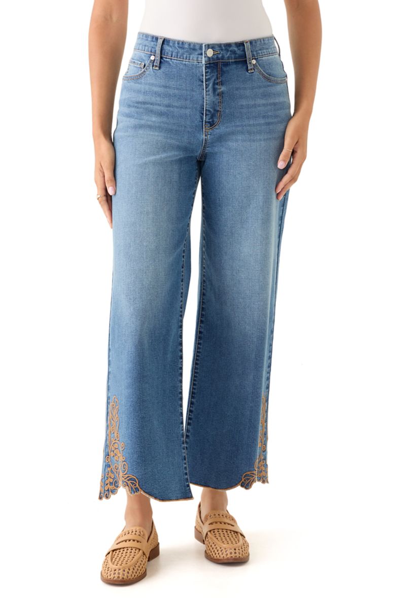 Womens Mid-Rise Embroidered Wide Leg Jeans 