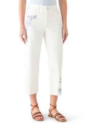 Wonderly Women's Floral Embroidered Cropped Jeans, White, 16