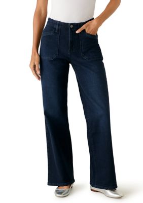 Wonderly Women's High Rise Wide Leg Utility Jeans, Blue, 16