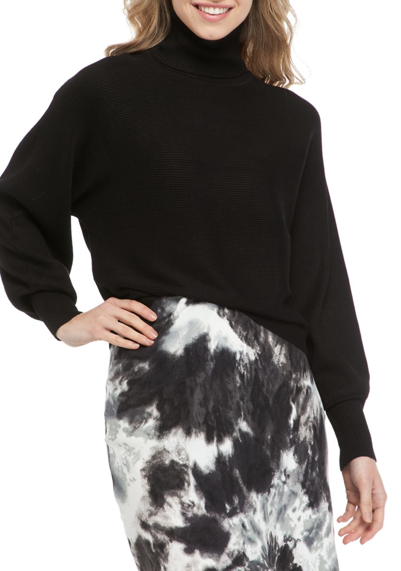 Juniors Rib Knit Mock Neck Lantern Sleeve Sweater 