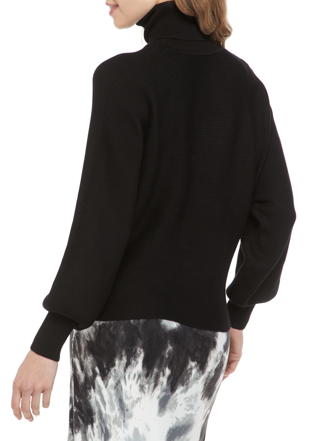 Juniors Rib Knit Mock Neck Lantern Sleeve Sweater 