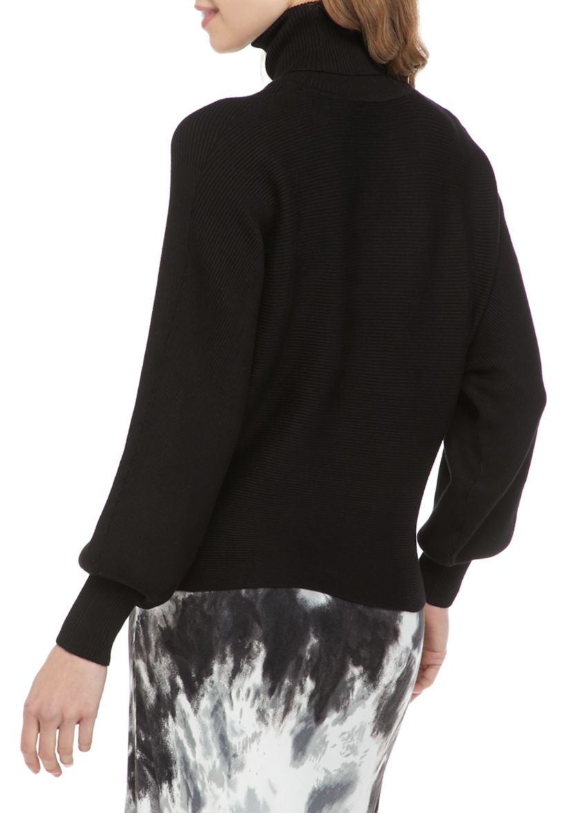 Juniors Rib Knit Mock Neck Lantern Sleeve Sweater 