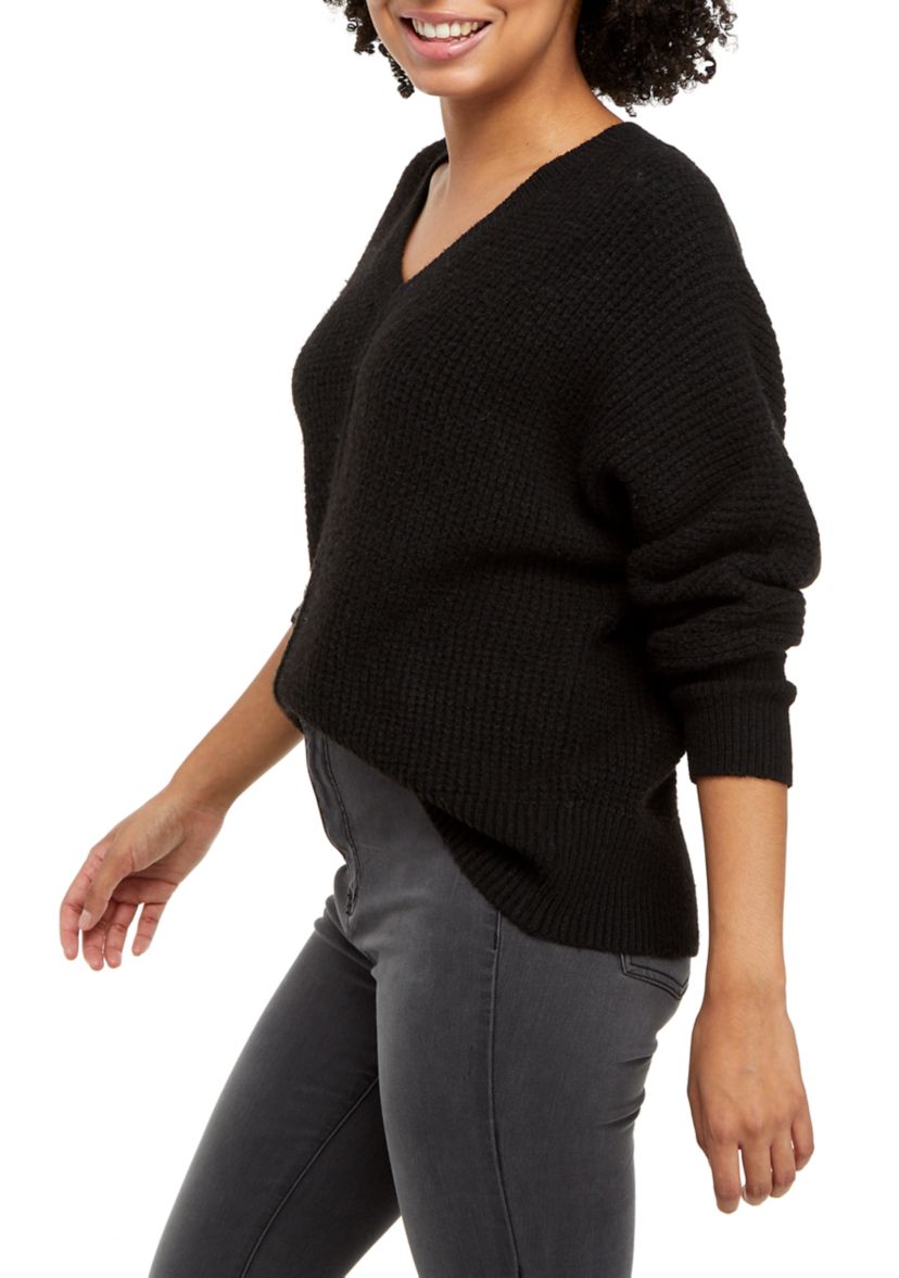 Juniors Seam Front V-Neck Mossy Sweater 