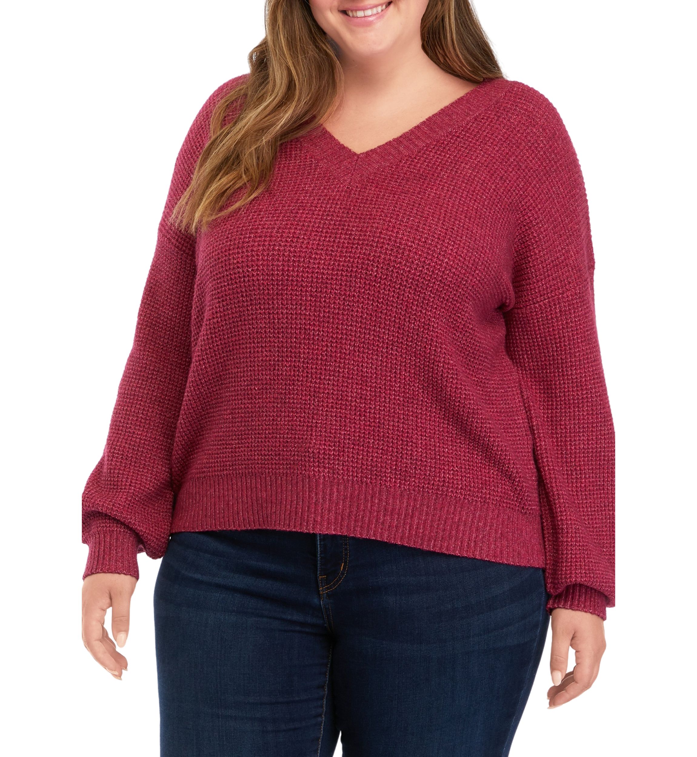 Plus Size Balloon Sleeve V-Neck Sweater 