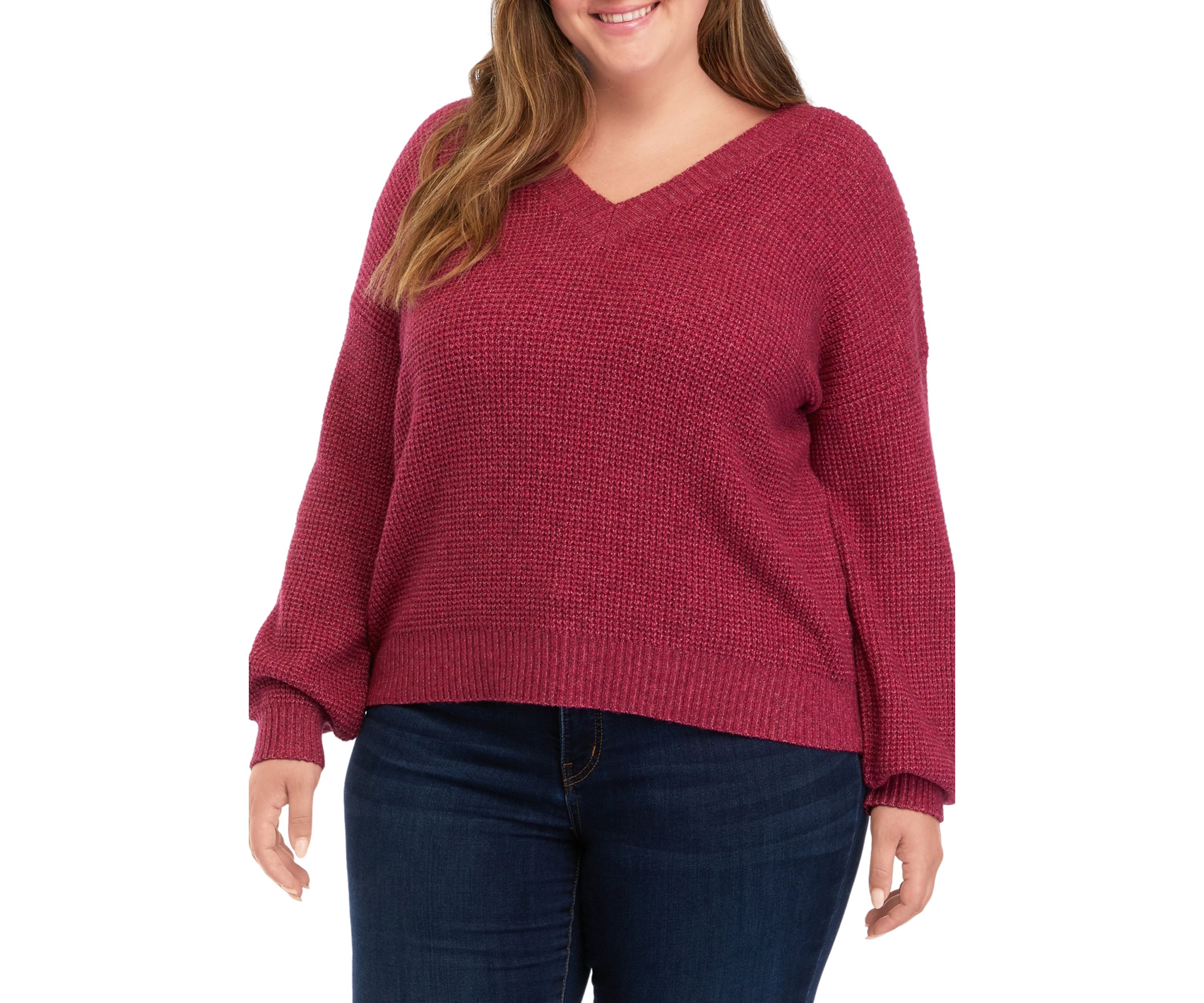 Plus Size Balloon Sleeve V-Neck Sweater 