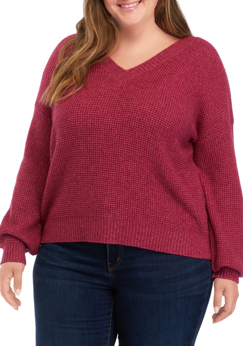Plus Size Balloon Sleeve V-Neck Sweater 