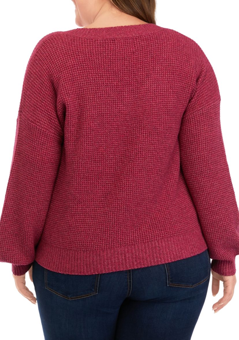 Plus Size Balloon Sleeve V-Neck Sweater 