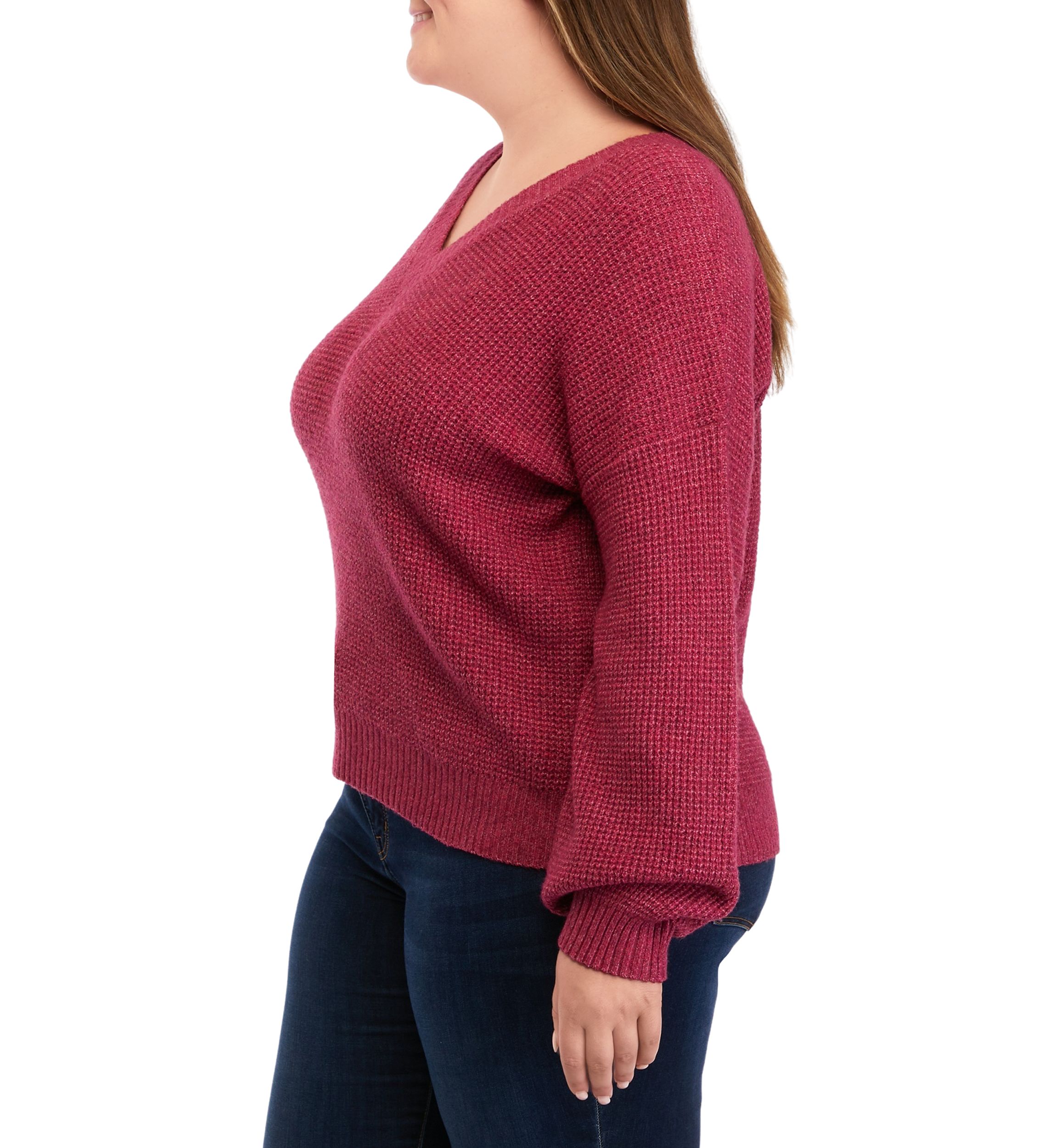 Plus Size Balloon Sleeve V-Neck Sweater 