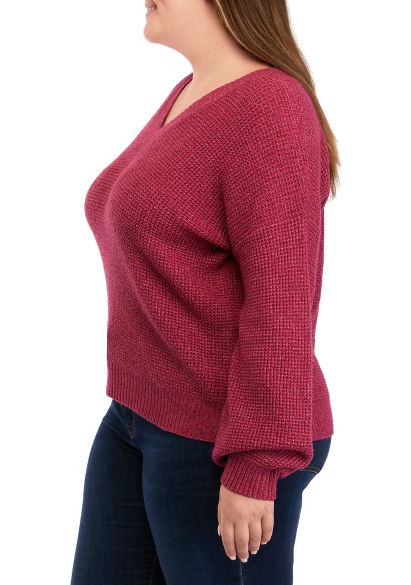 Plus Size Balloon Sleeve V-Neck Sweater 