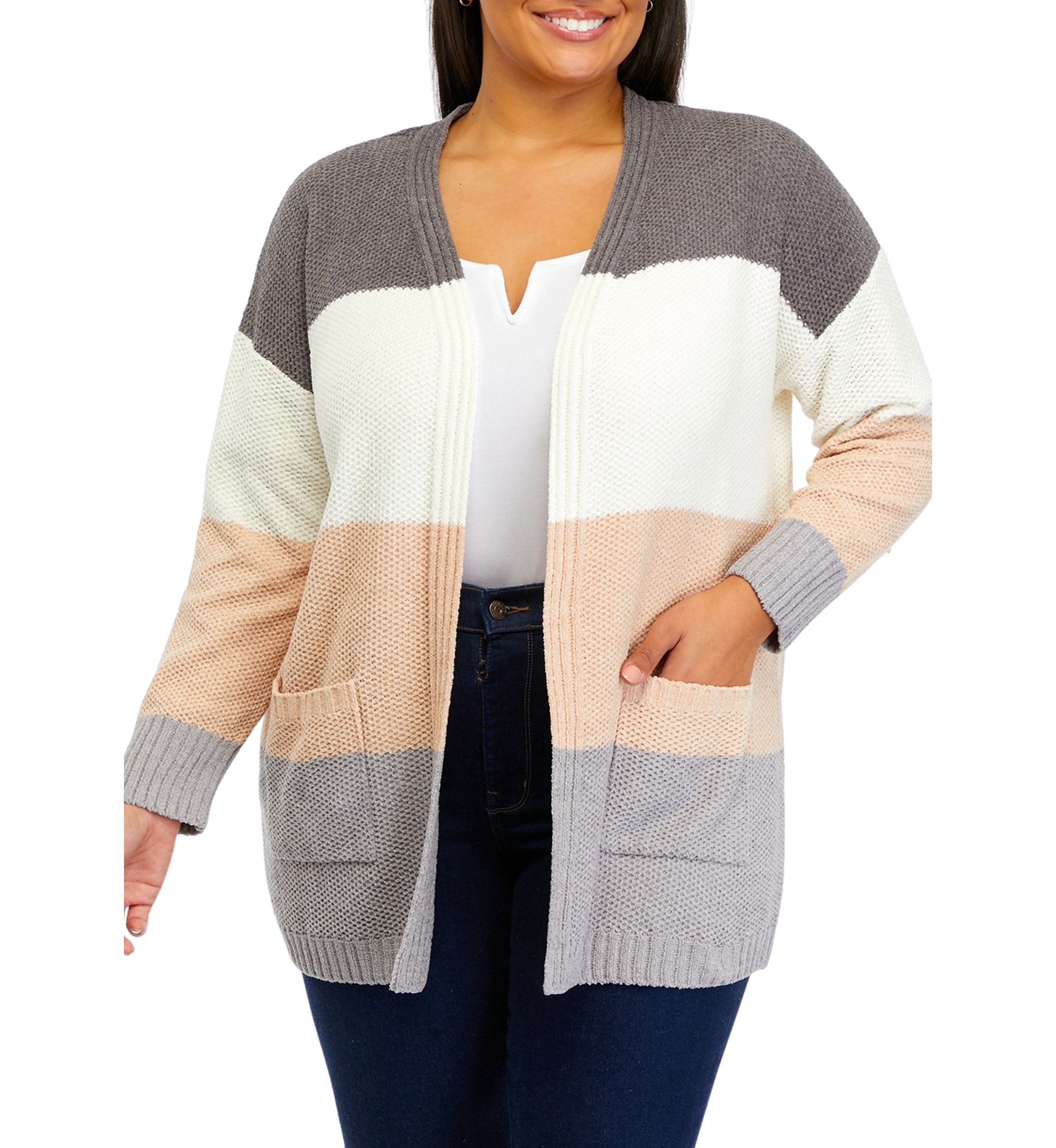Plus Size Color Block Chenille Cardigan 