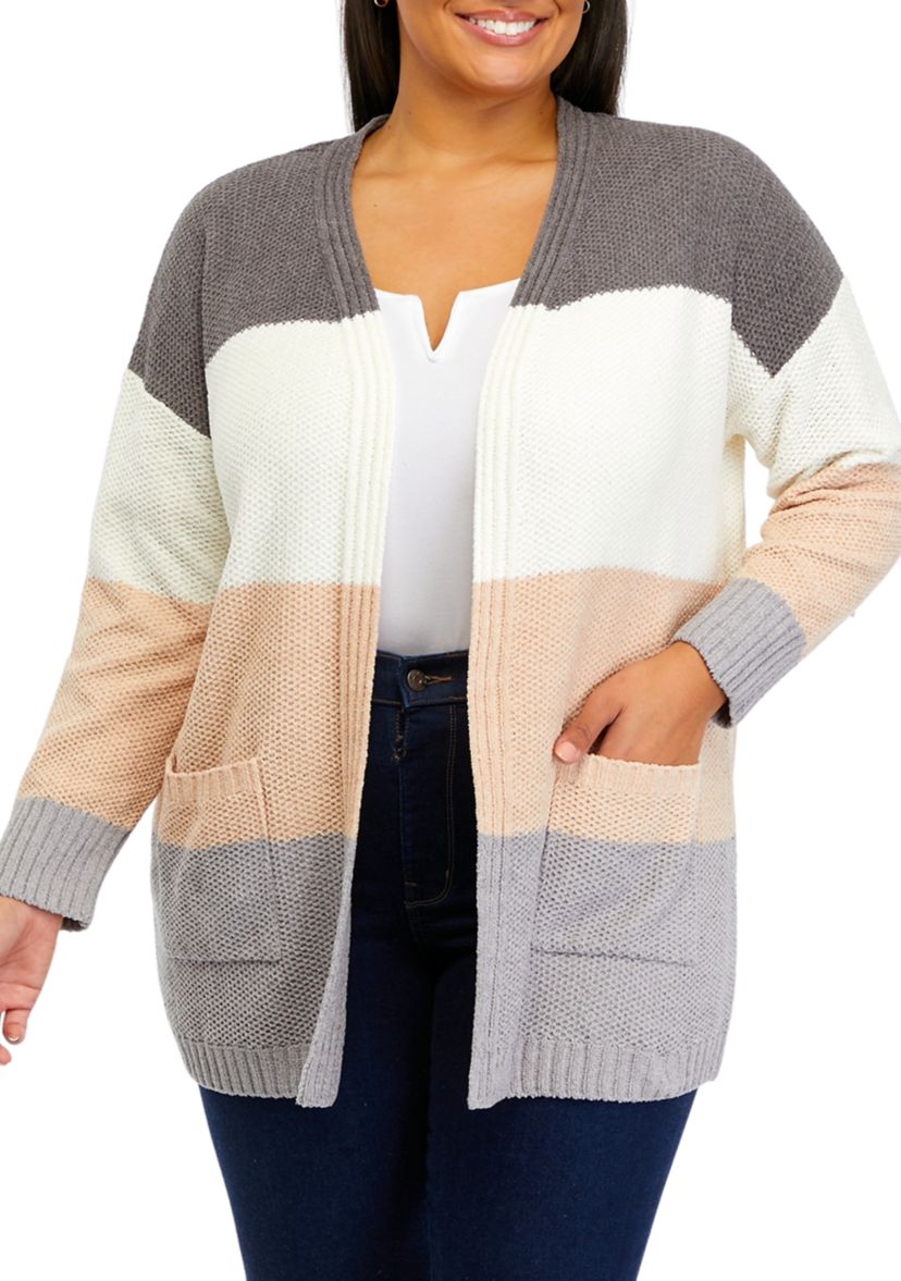 Plus Size Color Block Chenille Cardigan 