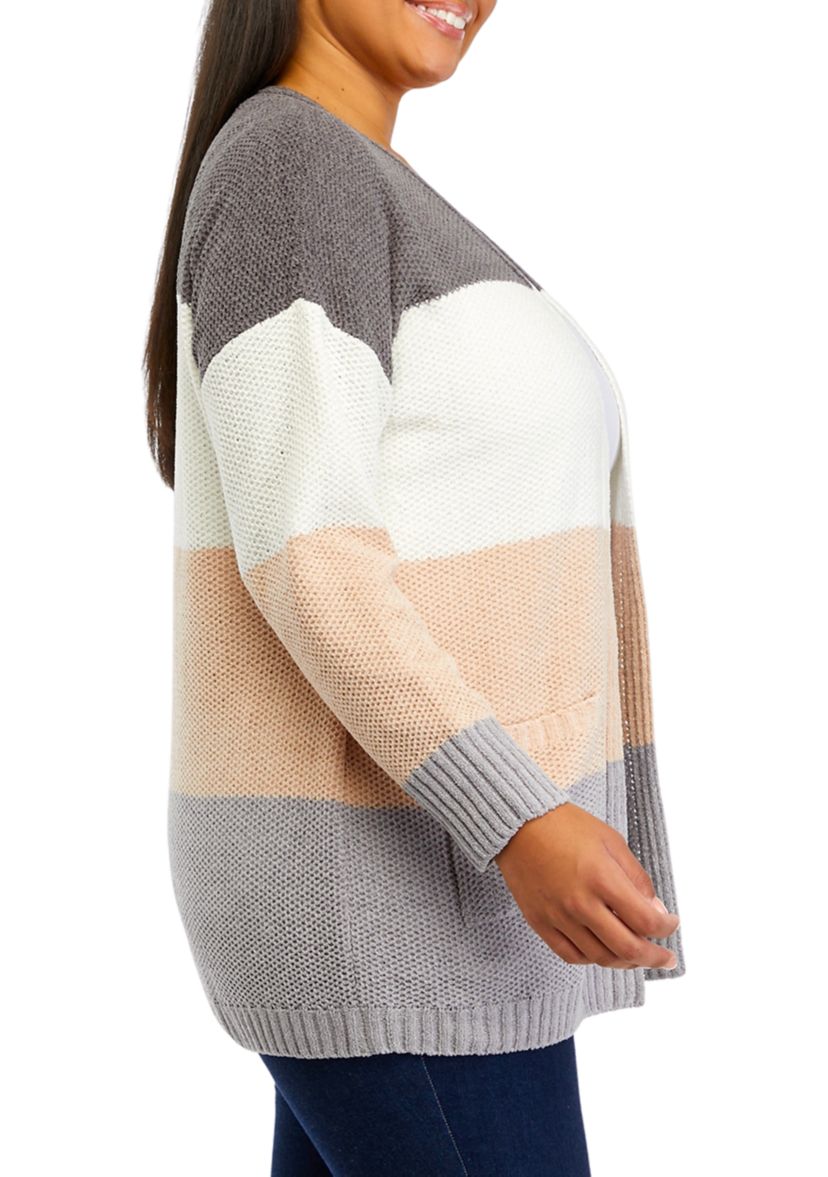 Plus Size Color Block Chenille Cardigan 