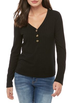 Pink Rose Long Sleeve Rib Knit Button Front Top | belk