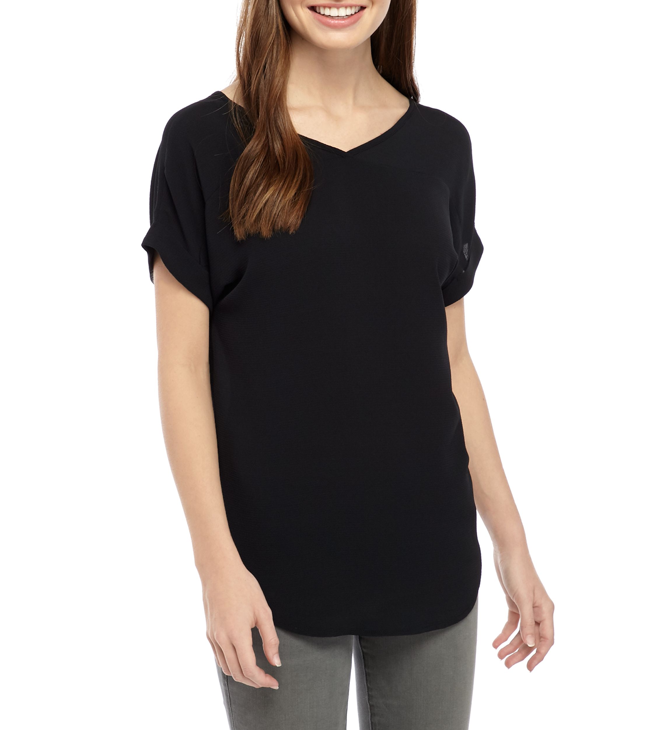 Juniors Short Sleeve Woven V Neck Blouse