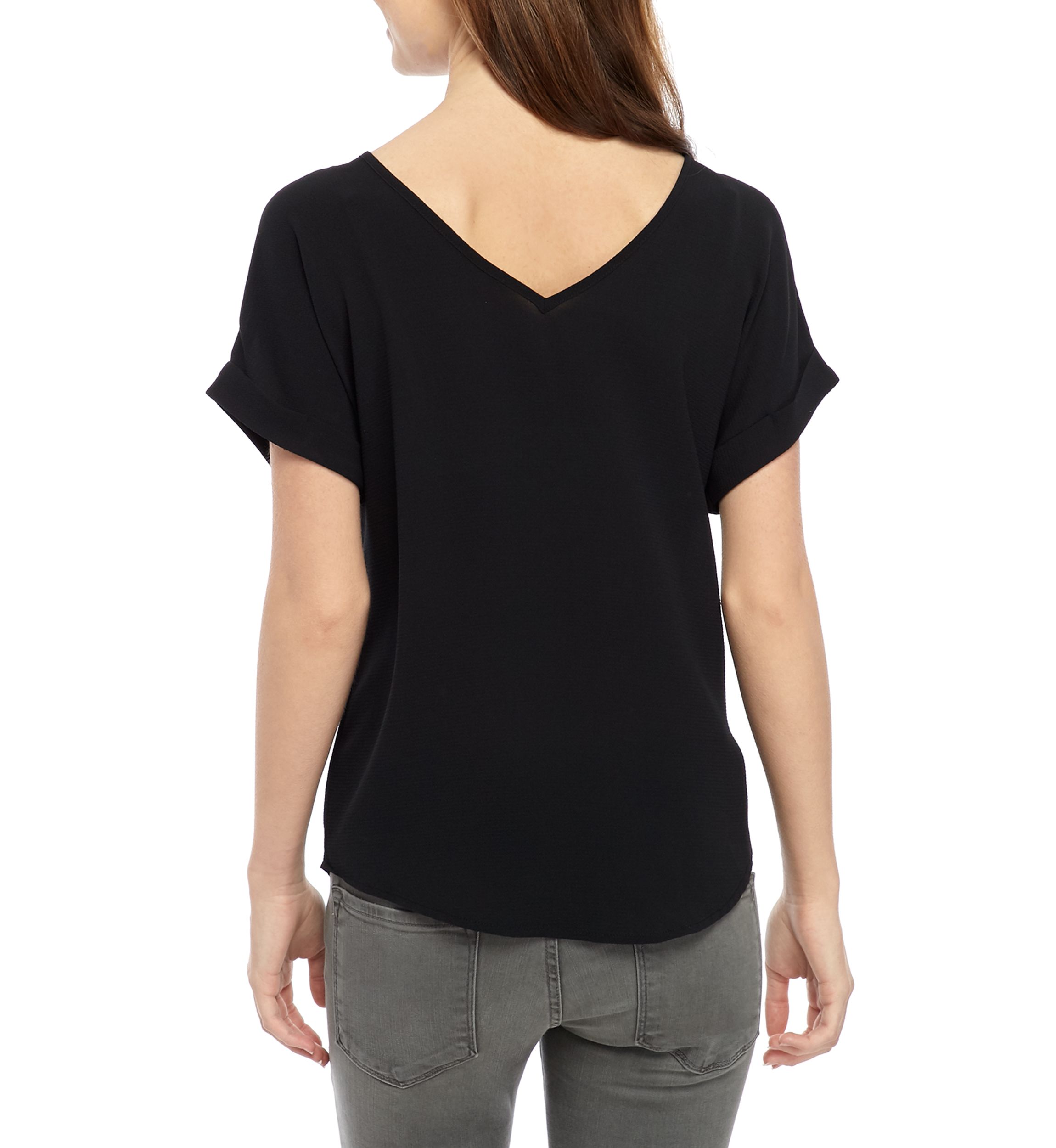 Juniors Short Sleeve Woven V Neck Blouse