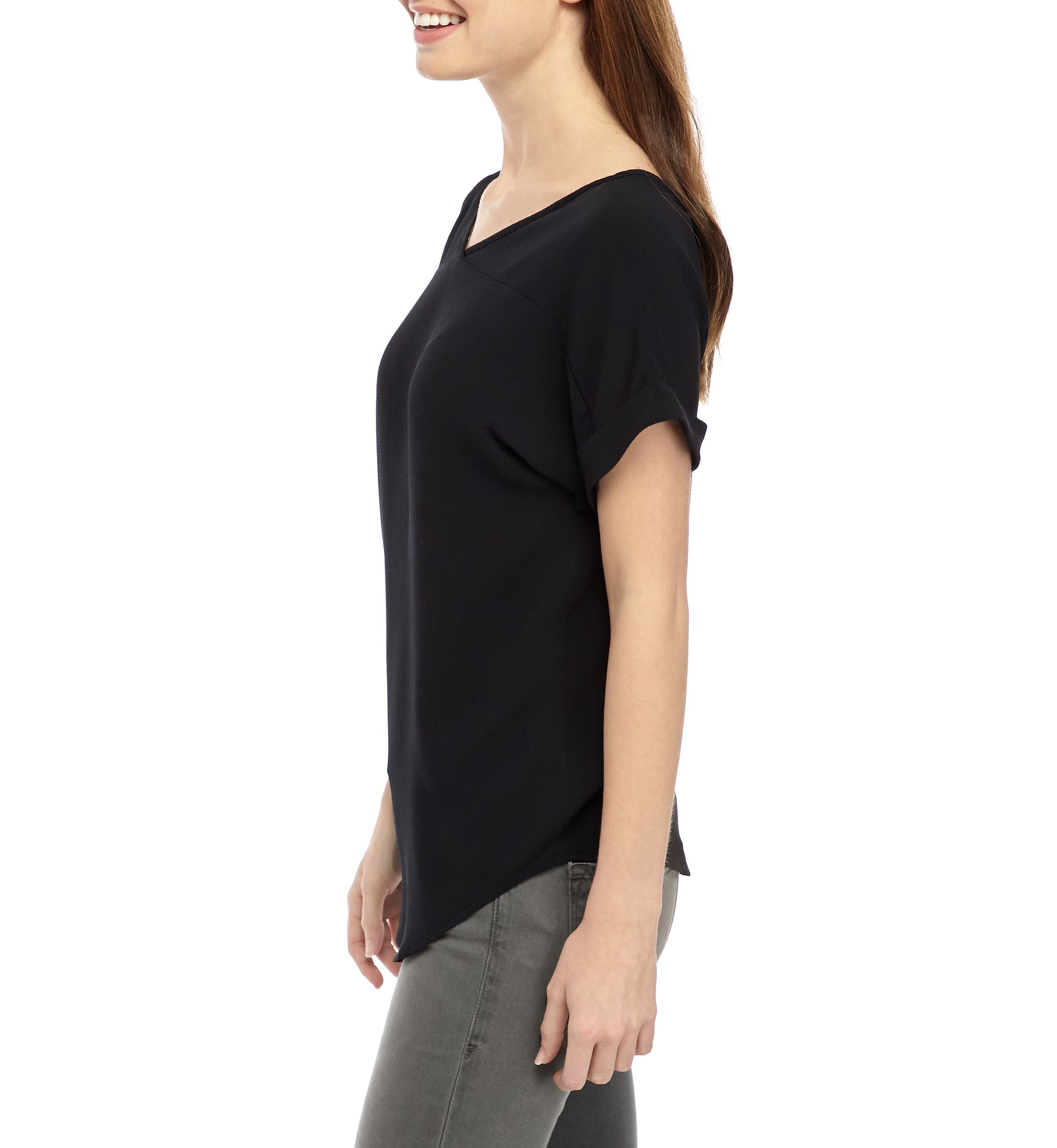 Juniors Short Sleeve Woven V Neck Blouse