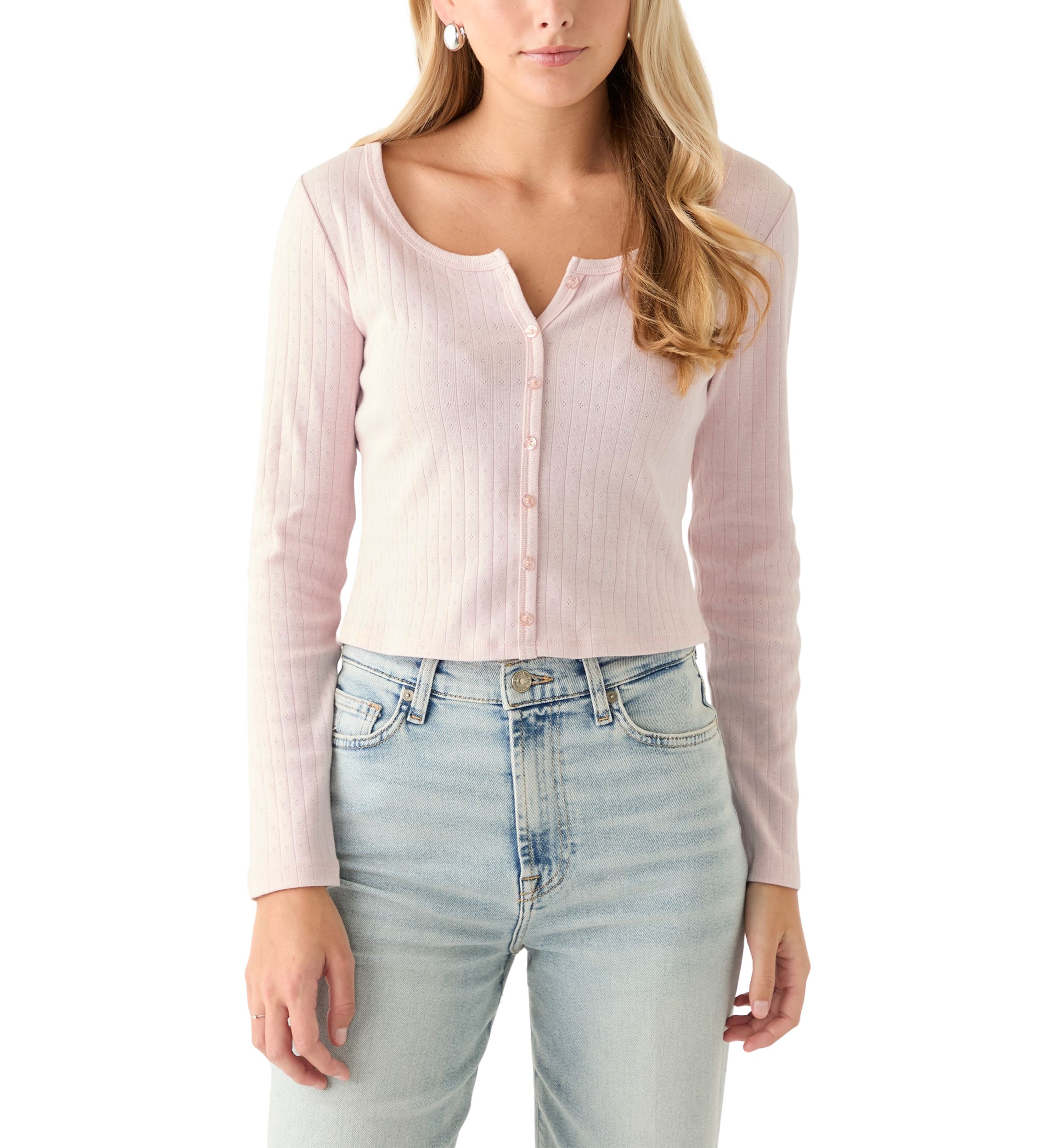 Womens Long Sleeve Button Down Shirt with Pointelle Ribbing 