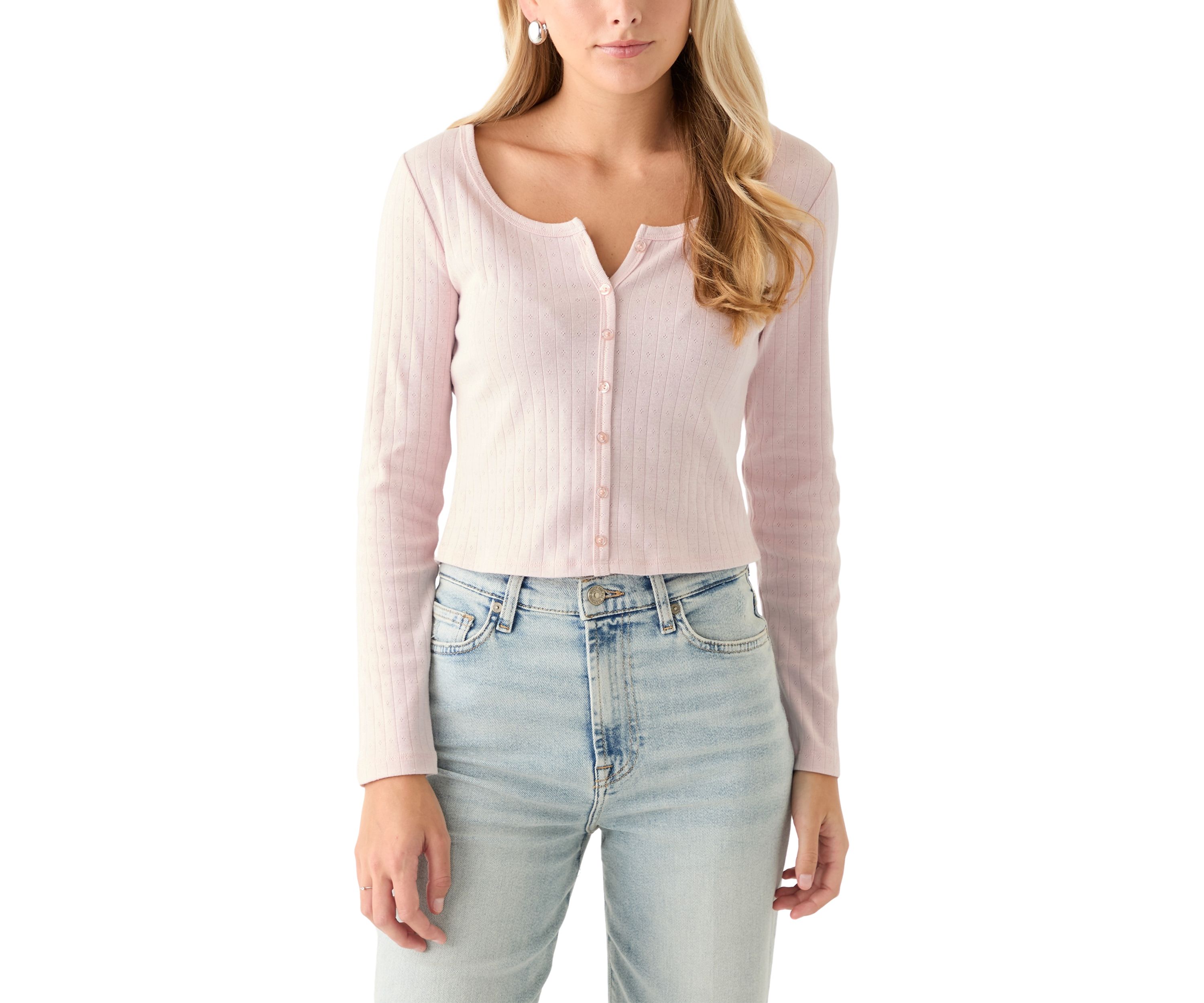 Womens Long Sleeve Button Down Shirt with Pointelle Ribbing 