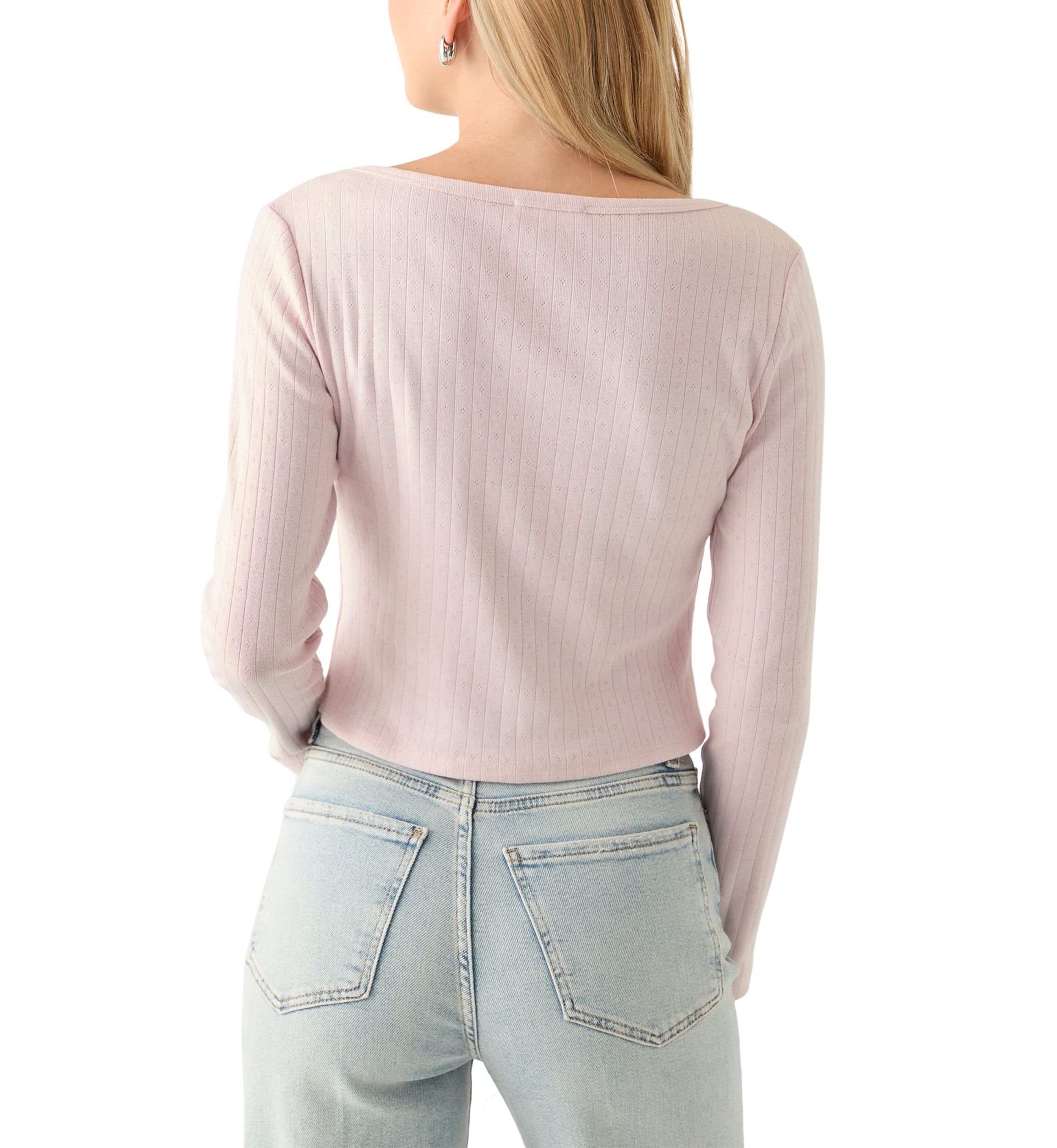 Womens Long Sleeve Button Down Shirt with Pointelle Ribbing 