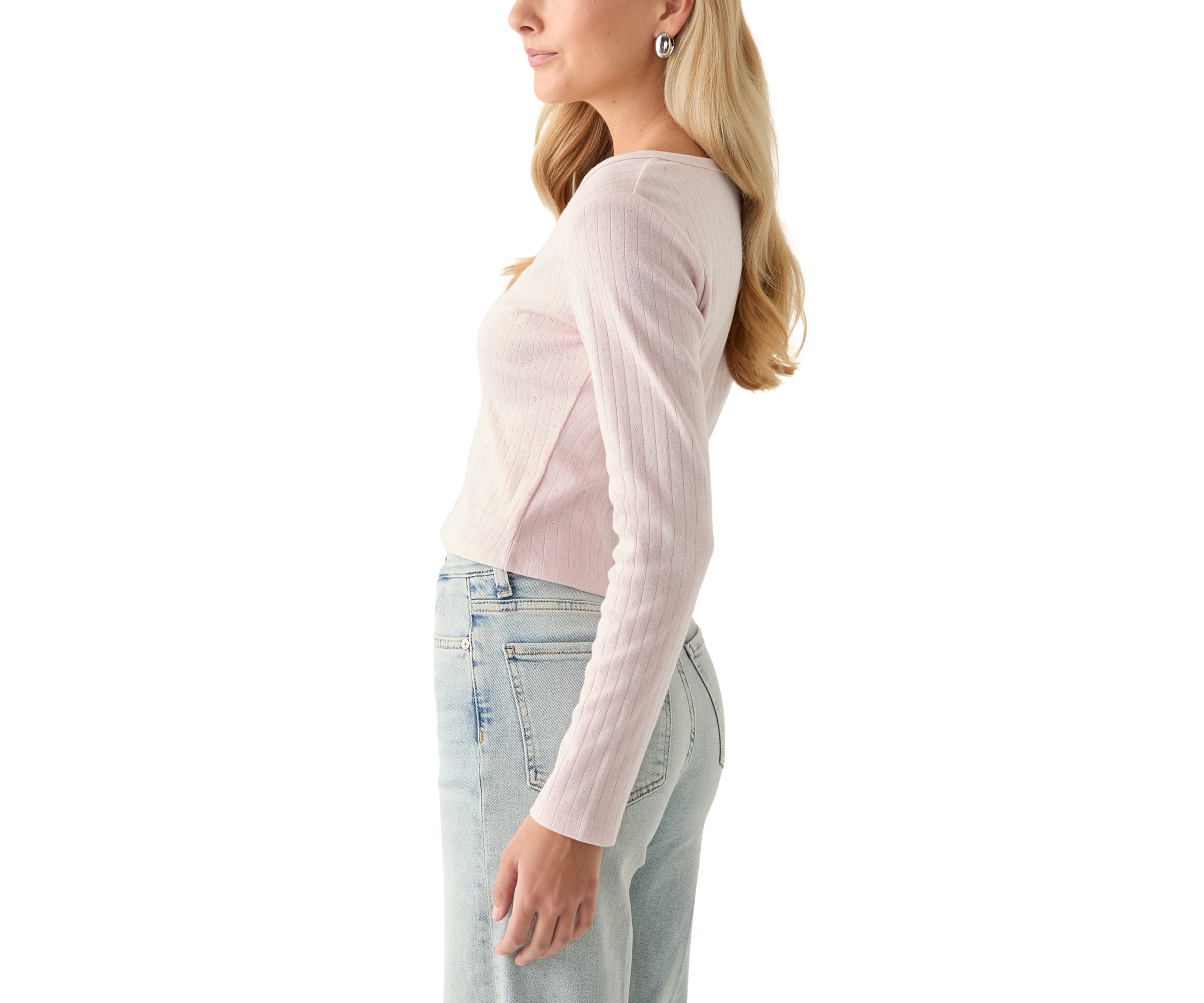 Womens Long Sleeve Button Down Shirt with Pointelle Ribbing 
