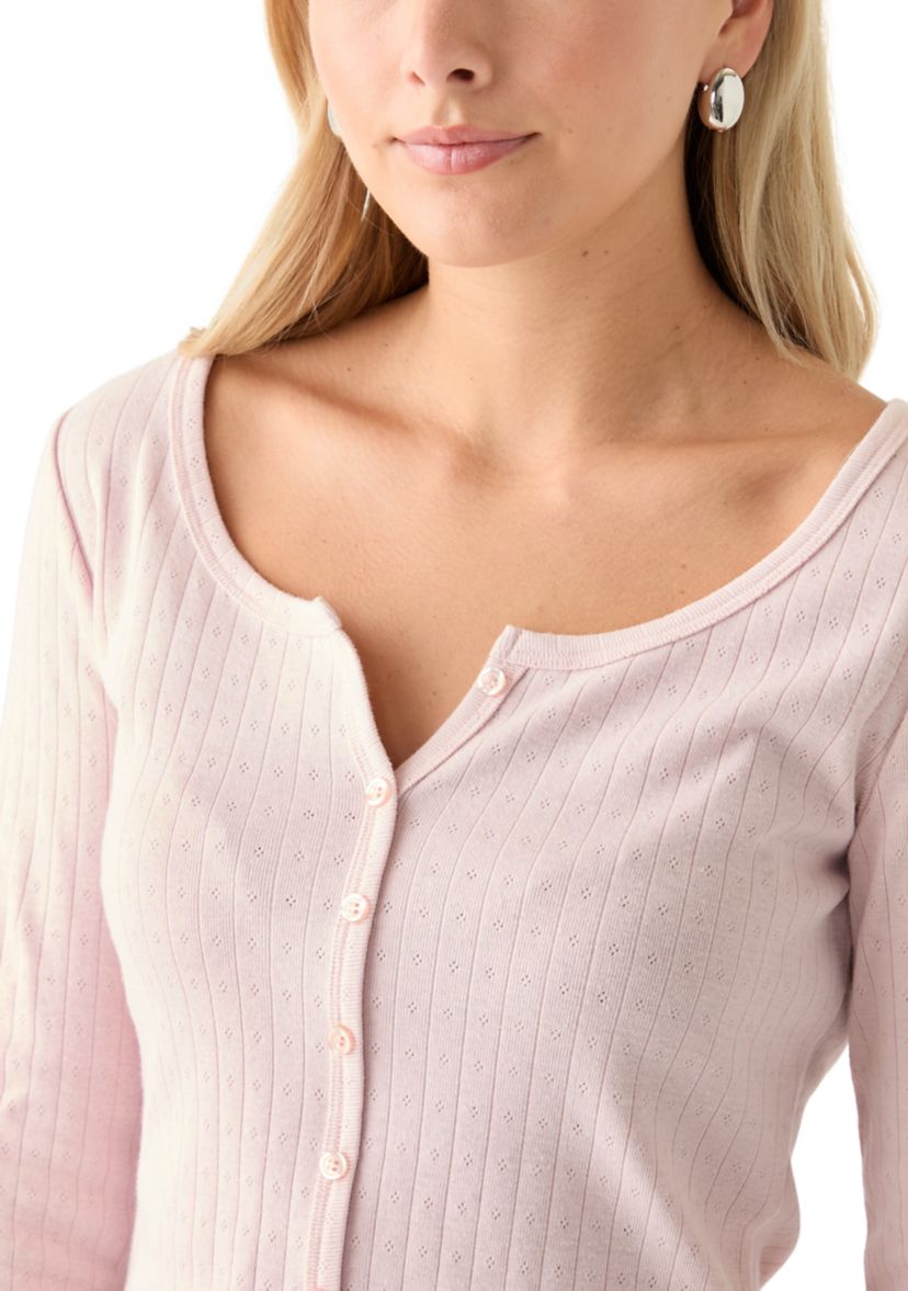 Womens Long Sleeve Button Down Shirt with Pointelle Ribbing 