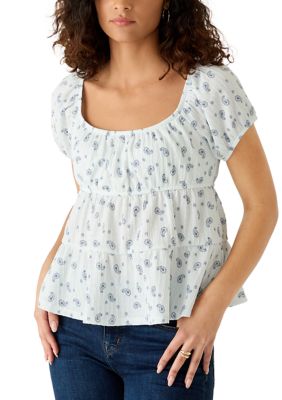 Pink Rose Women's Short Sleeve Baby Doll Puff Sleeve Top, Light Blue, Large