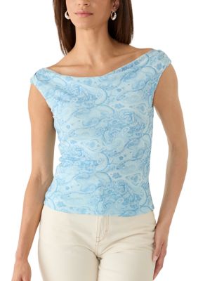 Pink Rose Women's Off Shoulder Printed Mesh Top, Light Blue, Large