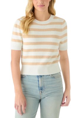 Pink Rose Women's Short Puff Sleeve Striped Crew Neck Sweater, Large