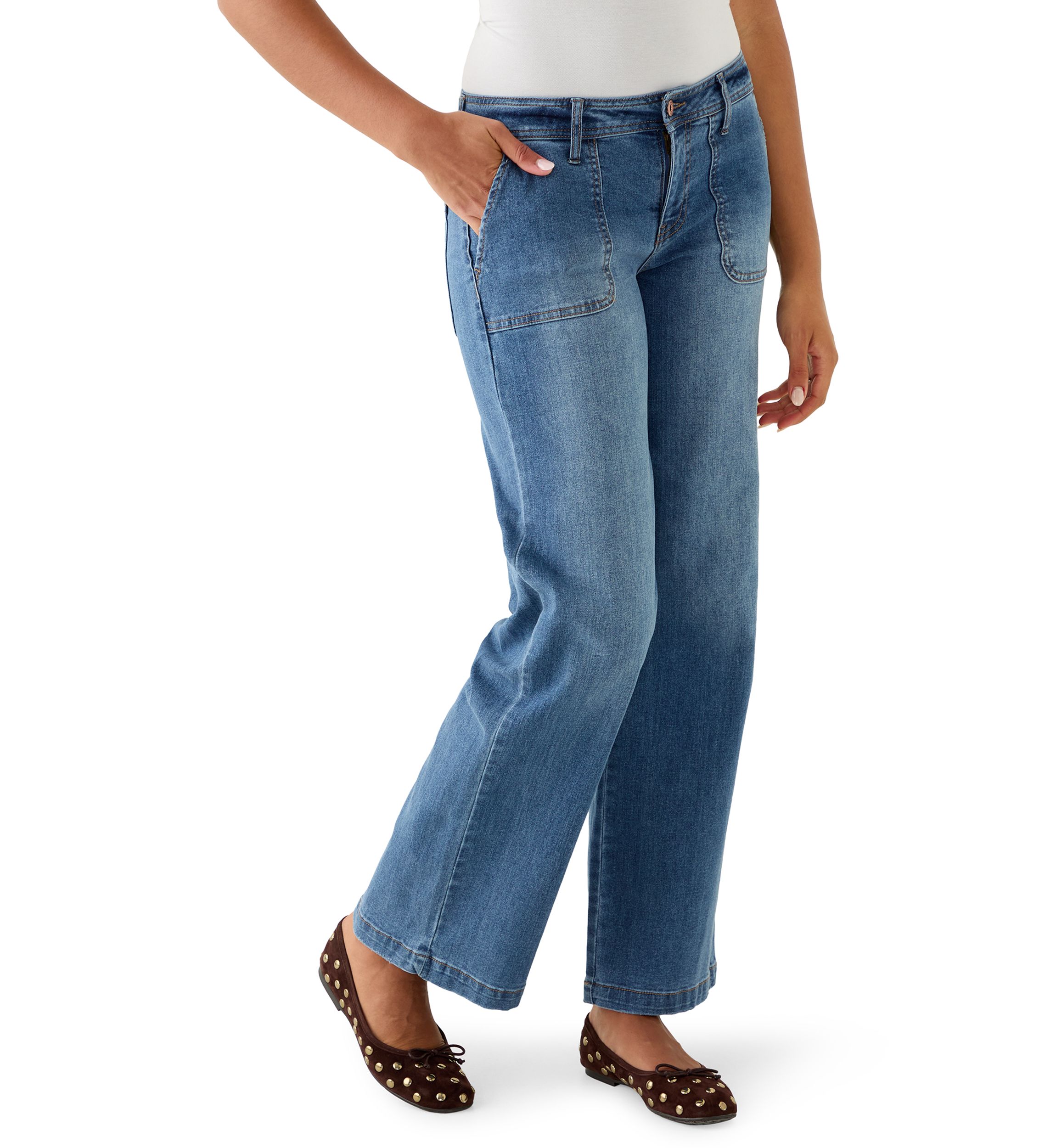 Womens Wide Leg Jeans with Pork Chop Pockets