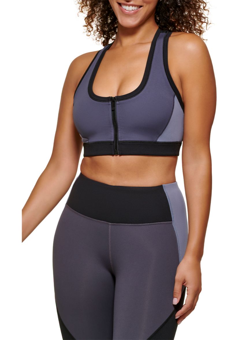 Color Block Racerback Zip Front Sports Bra