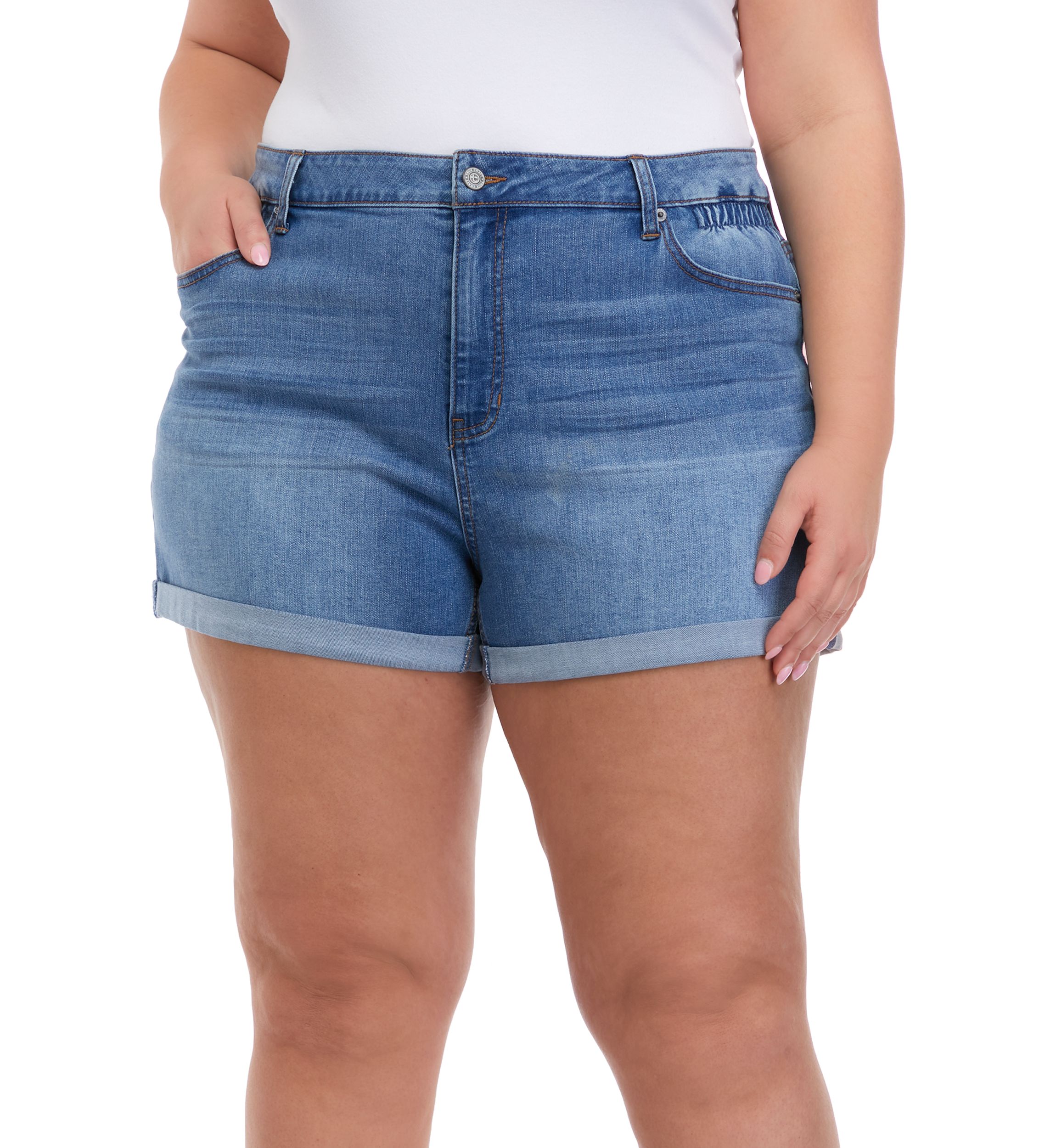 TRUE CRAFT Plus Size High Rise Cinched Roll Cuff Mom Shorts | Belk