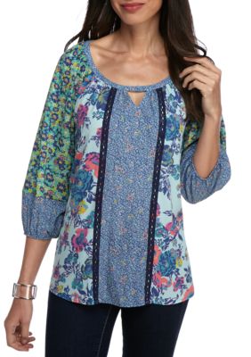 New Directions® Floral Twin Print Crochet Trim Blouse | belk