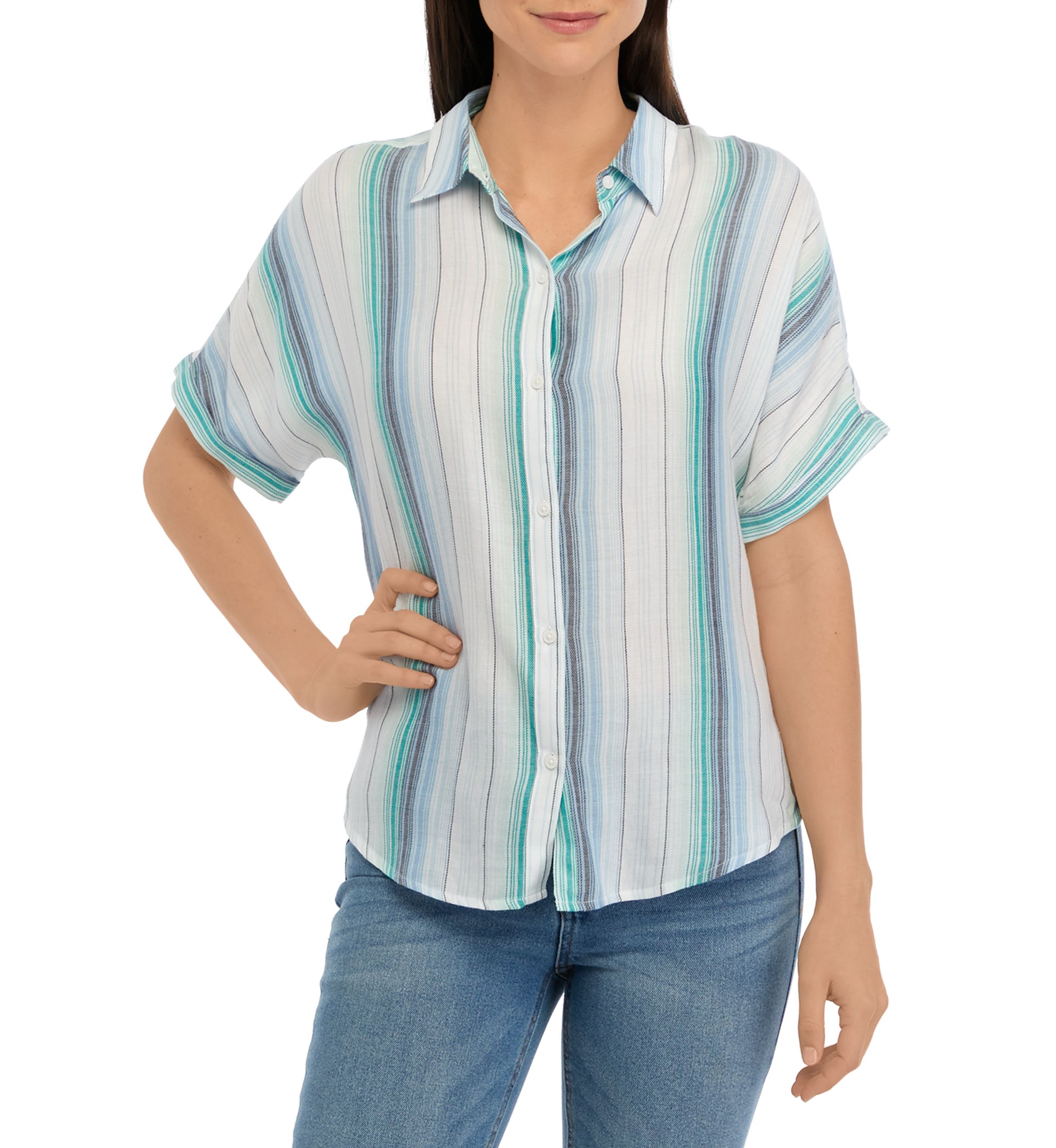 Womens Short Sleeve Striped Button Front Shirt